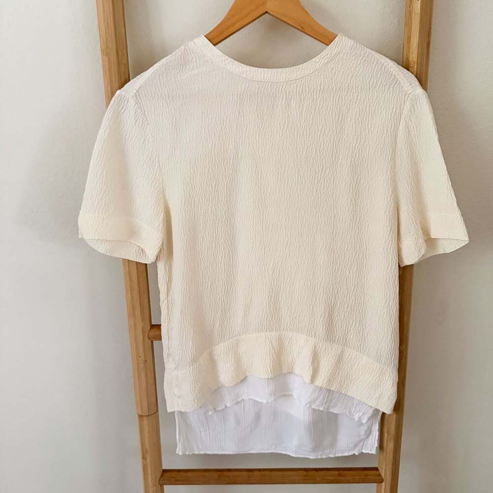 Helmut Lang Silk Layered Top Size P Ivory White Textured Short Sleeve Blouse XS